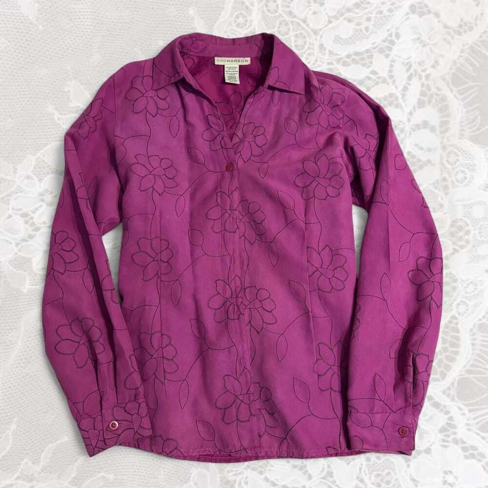 Sag Harbor Vintage Magenta Floral Embroidered Suede-Feel Button-Up Blouse M